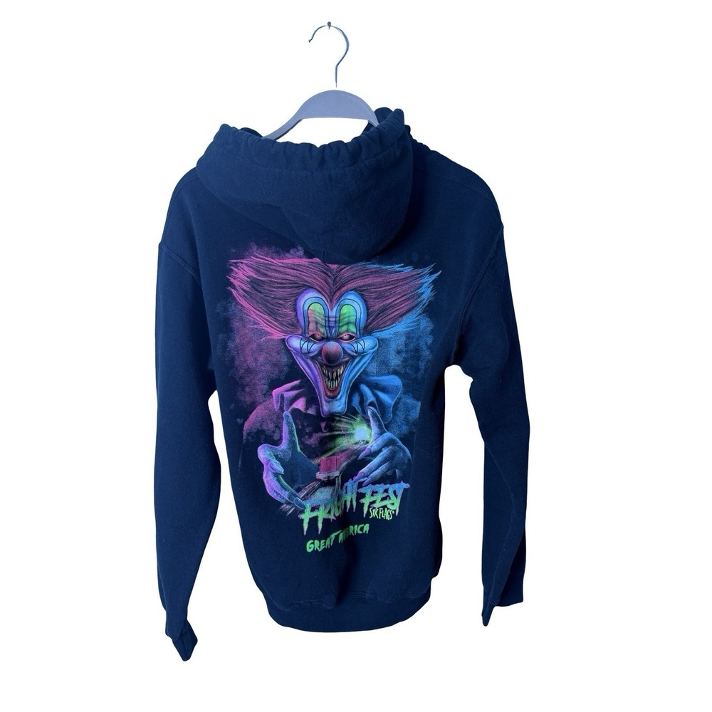 Six Flags Fright Fest Hoodie Black Neon Logo Pullover Sweatshirt Size Small
